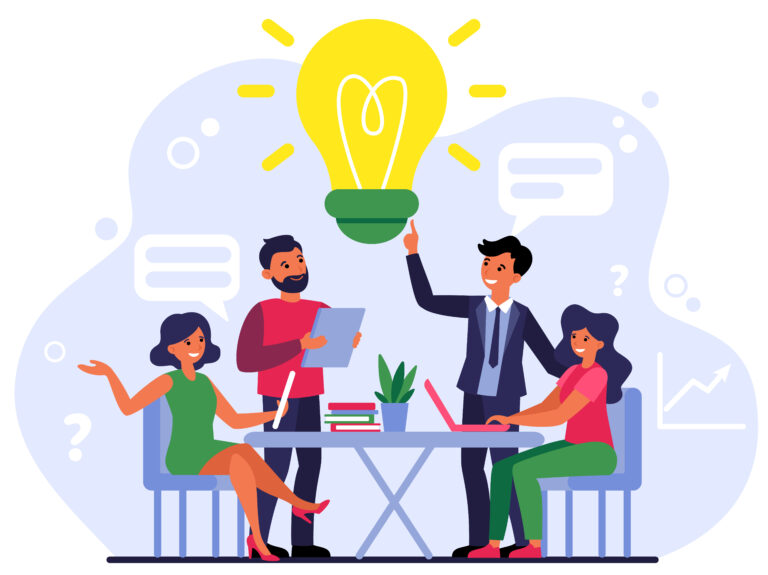 Company employees sharing thoughts and ideas flat vector illustration. Colleagues thinking in team about problem. Brainstorm, startup and teamwork concept
