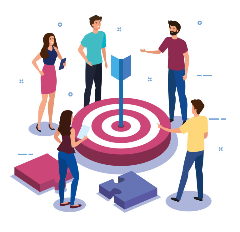 teamwork people with target and puzzle pieces vector illustration design